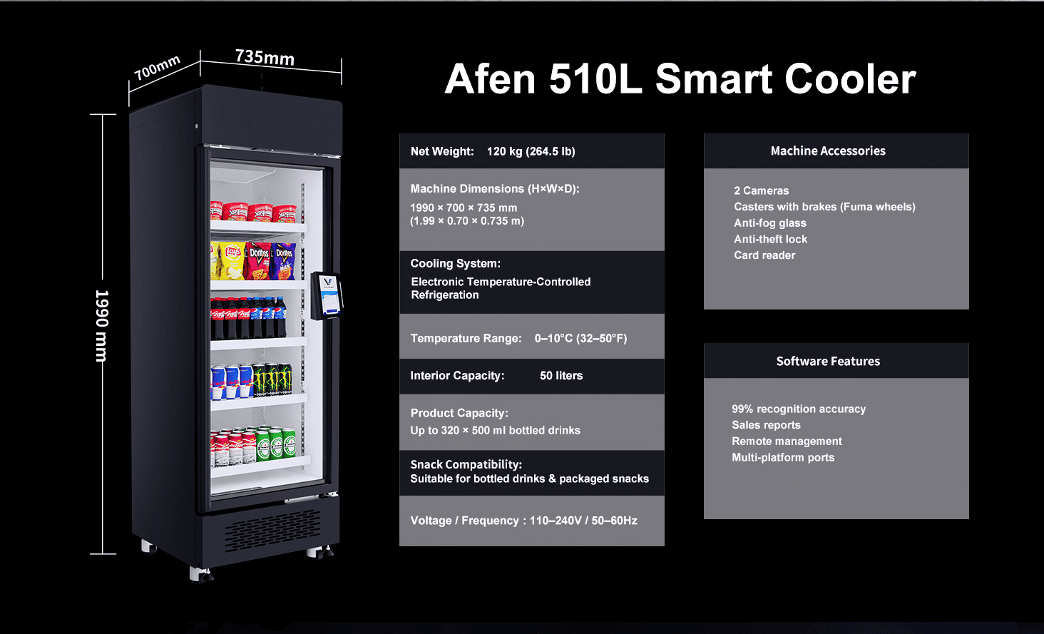Muchina wekutengesa weAFEN Smart Cooler AI 510L Saizi uye Kugona Kugona kuchengetera zvinhu zvakawanda muchina wekutengesa weAFEN AI kuri kuwedzera purofiti yekutengesa muchikamu chidiki