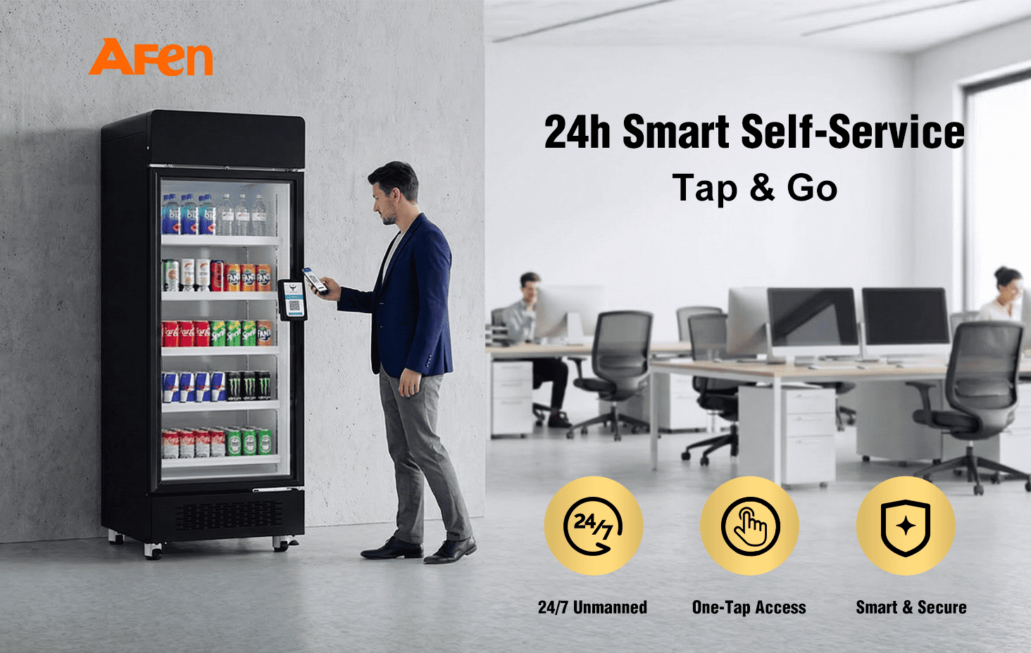 AFEN Smart Cooler 510L Hero Scene AFEN 510 inotonhorera zvakanaka inopa mhinduro dzakasiyana-siyana dzekutengesa pasina vanhu 24/7 dzemahofisi nenzvimbo dzekurovedza muviri